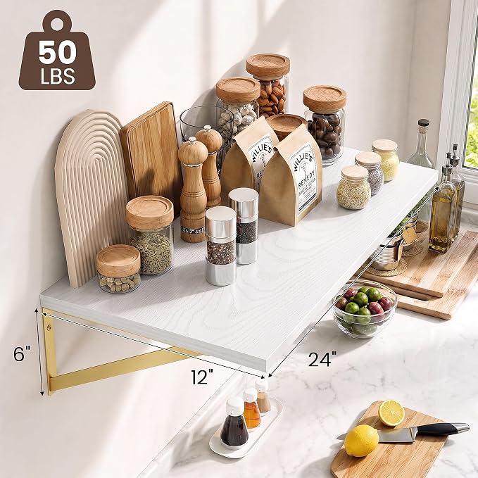 Dreamland Wall Mounted Floating Shelves Set of 2, 24x12, White&Gold