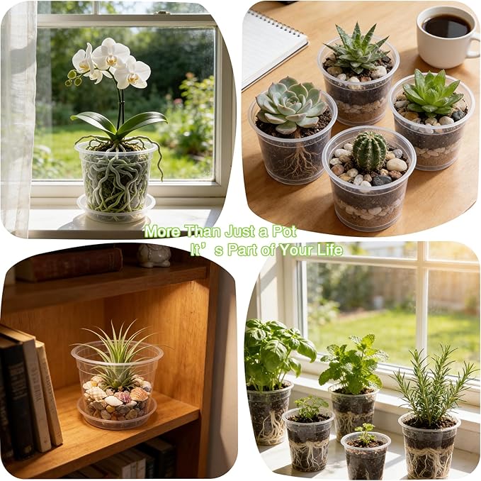 24 Pack Clear Nursery Pots for Plants, 4/5/6 Inch Plastic Plant Pots with Drainage Holes and Saucers, Transparent Orchid Pots for Indoor Plants, Seedlings, Cuttings, Repotting and Root Observation