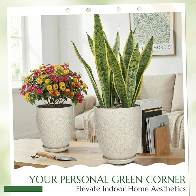11.8 Inch Flower Pots for Indoor Plants,Ceramic Planter with Saucer Drainage Leak-Proof Mesh Gardening Gloves (Silk-White)