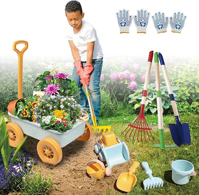 Mostop Kids Gardening Tools Outdoor Toys with Wheelbarrow, Kids Wheelbarrow Outside Toys for Kids Age 4-8, Educational STEM Learning Pretend Toys Outdoor Indoor for Toddlers Kids Boys Girls