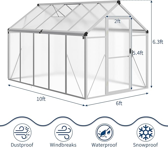 Garvee 6 x 10 ft Greenhouse, Greenhouses for Outside, Polycarbonate Greenhouse with Aluminum Frame, Lockable Door and Ajustable Roof Vent for Backyard, Green Houses for Outside Garden Backyard, Patio