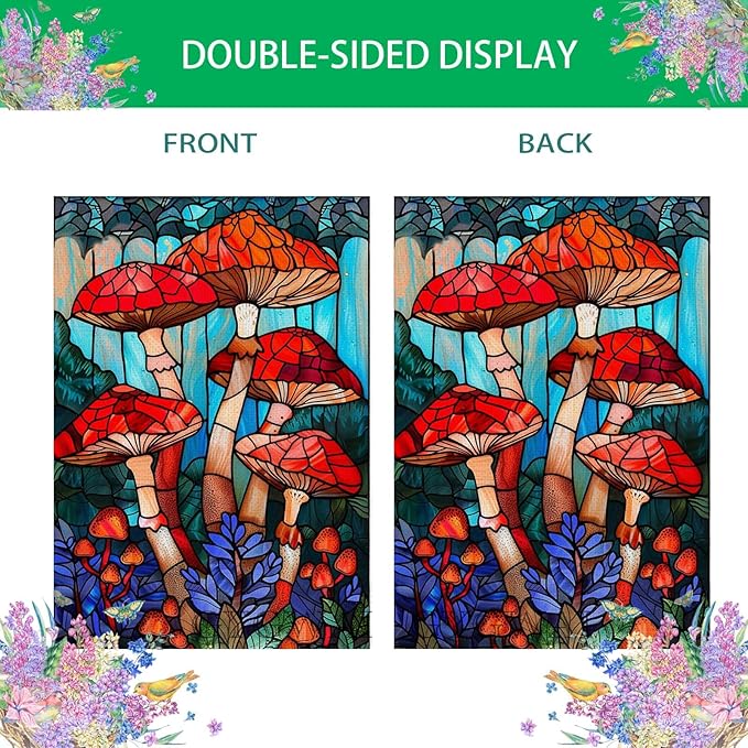 Stained Glass Mushroom Spring House Flag 28x40 Inch Double Sided, Large Burlap Garden Yard Flag for Seasonal Farmhouse Outside Outdoor Decor