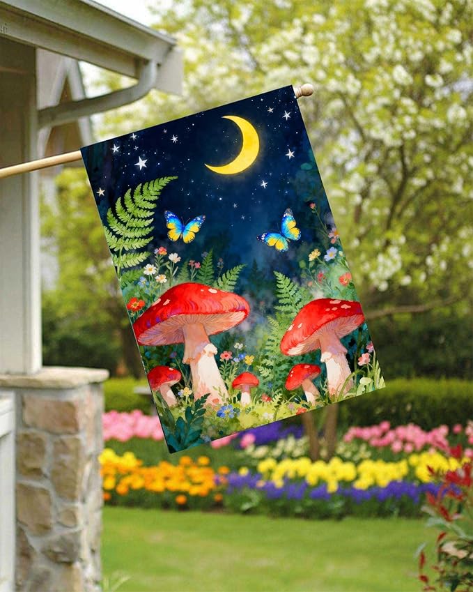 Fantasy Forest Night Fairy Moon Star Mushroom Butterfly Flowers House Flag 28" x 40" Double Sided Polyester Welcome Large Yard Garden Flag Banners for Patio Lawn Home Outdoor Decor