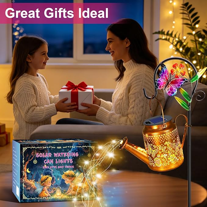 VOOKRY 2 Pack Butterfly Metal Solar Watering Can Lights, Solar Lights Outdoor Waterproof, Gifts for Women Mom Grandma Mother's Day, Hanging Lanterns Decorative Garden Decor for Outside Yard Patio Lawn
