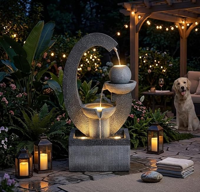 Qingyinge 31'' H Modern Outdoor Fountain Resin Outdoor Garden Fountains with Contemporary Design LED Light for Garden, Patio, Deck, Porch, Backyard and Home Art Decor