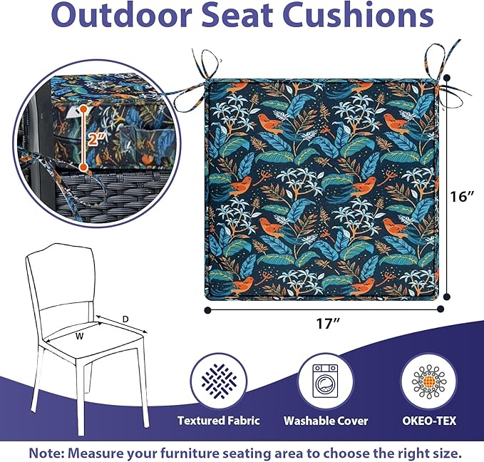 IPYNBAP Outdoor Chair Cushions Set of 4,Waterproof Outdoor Seat Cushions for Patio Furniture,Patio Chair Cushion with Handle and Ties, Out Door Chair Pads,17" x 16" x 2", Black Nightingale