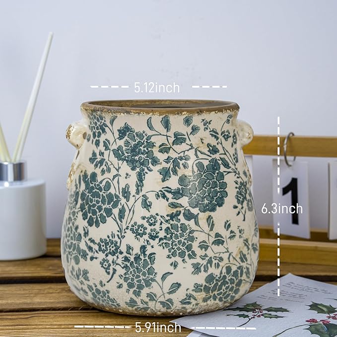 Dosayes Teal Ceramic Pot for Planter, Vintage Flower Pot with Drainage Holes, 6.3 inch Ice Crack Glazed Indoor Planters Pot with Handle (Cyan)