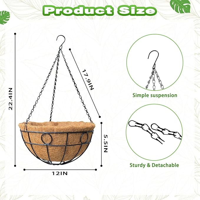 2 Pack 12 Inch Metal Outdoor Hanging Baskets Black Heavy Duty Hanging Planters with Coco Liners for Indoor Outdoor Plants Gardens Patios Terraces（Round）