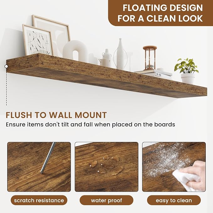 Floating Shelves for Wall, Wall Mounted Wood Shelves, Brown, Set of 2, 55in | Wood Floating Shelf with Invisible Brackets for Living Room, Bathroom, Bedroom, Kitchen, Hanging Shelf for Storage and Decor