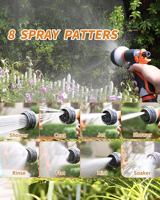 Garden Hose Nozzle, New Upgraded Version High-Pressure 8 Spray Patterns Adjustable Hose Sprayer Nozzle, ABS Slip Resistant, Water Hose Nozzle for Plant Watering, Car Wash, Showering Pets-2Pack