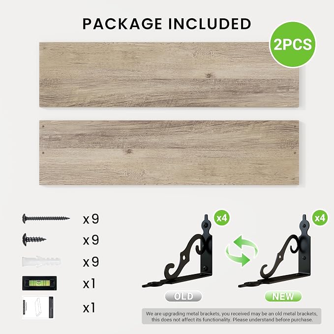 RICHFOCUS Floating Shelves for Wall Decor, 31.5W x 8D Shelves Set of 2, 8" Deep Rustic Wood Floating Shelves Wall Mounted with Metal Brackets, Shelves for Living Room Bedroom Kitchen, Grey