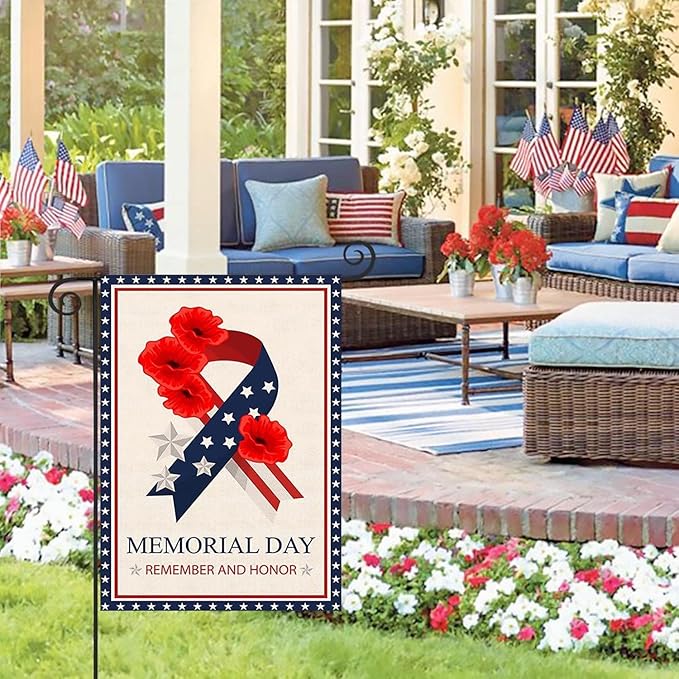 Memorial Day Garden Flag 12x18 Inch Double Sided Outside Remember and Honor Patriotic Flag for Stars and Stripes Ribbon Poppy for Veteran 4th of July Independence Day Yard Outdoor Decoration