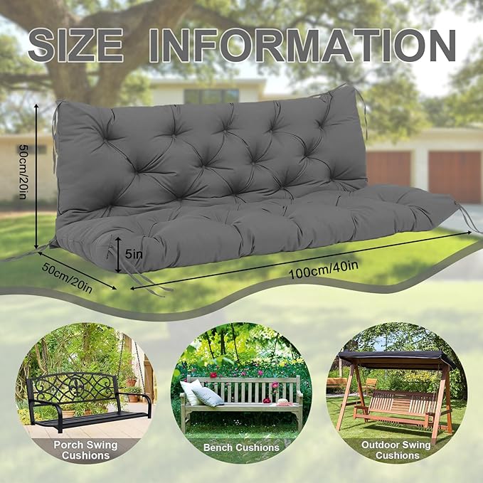 Extra Thick 5" Waterproof Porch Swing Cushions Outdoor 40 inch Swing Cushions 2 Seater Replacement with Backrest and Ties for Outdoor Furniture Patio Bench Garden (Gray)