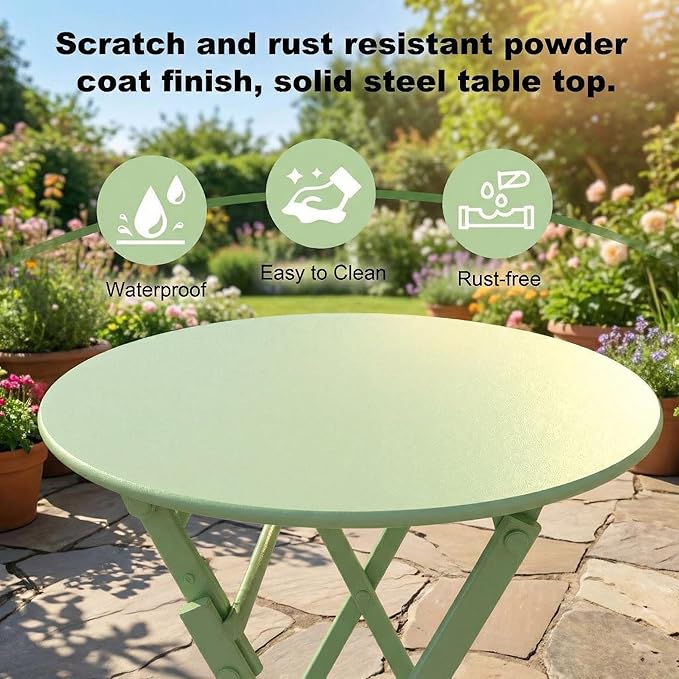 GarveeHome 3-Piece Foldable Bistro Set, Outdoor Patio Furniture with 2 Folding Chairs & 1 Table, Weather-Resistant Indoor/Outdoor Conversation Set for Patio, Green