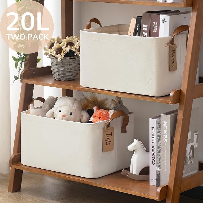 CHICVITA 20L Fabric Storage Bins for Shelves, Metal Frame, 2Pack, Beige | 14 ¾" L x 10 ¼" W x 8 ¼" H Collapsible Storage Baskets for Toys & Books, Bedroom & Living Room Organization, Leather Handles