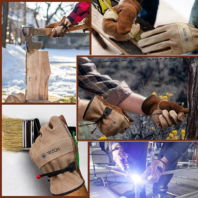 WZQH Leather Work Gloves for Men or Women. Small Glove for Gardening, Tig/Mig Welding, Construction, Chainsaw, Farm, Ranch, etc. Cowhide, Cotton Lined, Utility, Firm Grip, Durable. Coffee-grey S