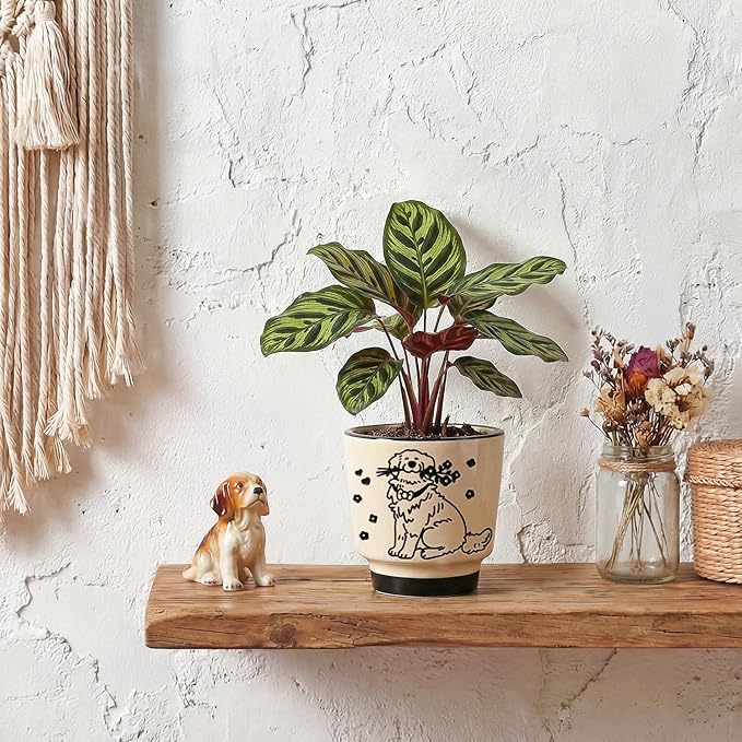 STHIE 5 inch Ceramic Plant Pot, Round Planters for Indoor Plants with Drainage Hole, Ice Crack Decorative Flower Pot, Cute Planters for Snake Plant (Flower Dog)