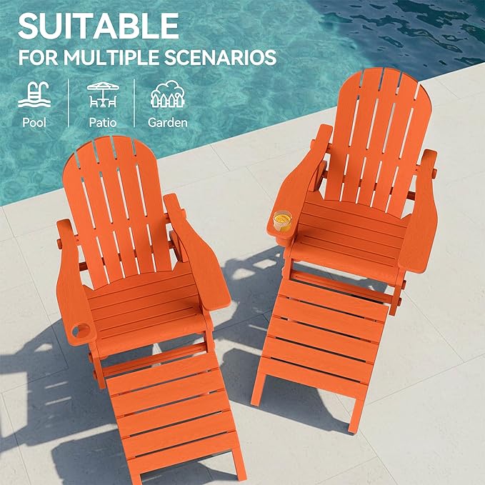 Vongrasig Adirondack Chairs Set of 2 with Removable Tabletop and Footrest, HDPE Plastic Outdoor Chair Set with Wooden Textured, Cup Holder for Patio, Poolside, Garden, Orange, 5 Pieces