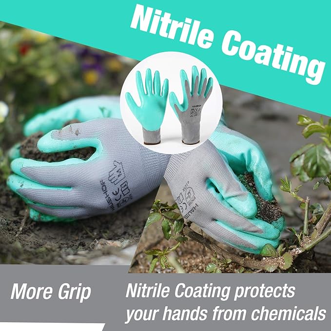 HAUSHOF Gardening Gloves for Women Ladies Thorn Proof 6-Pairs Work Gloves, Women's Breathable Garden Gloves Nitrile Coated with Texture for Yard Work, Pink & Green Large Size