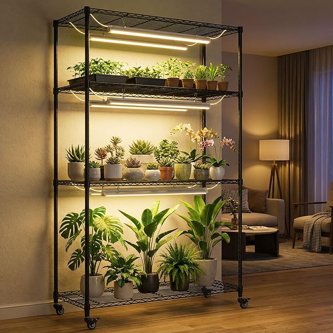 Plant Stand with 6 Pack 3-Color Grow Lights, 36" W x 14" D x 63" H, 4-Tier Plant Shelf with Thermometer & Timer, Wide Plant Rack for Indoor Gardening, Seed Starting, Herbs & Flowers