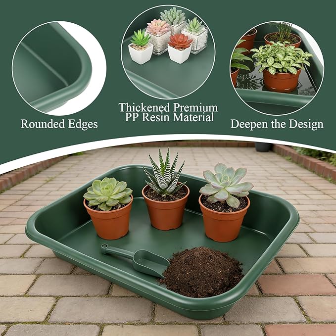 Rainmae 2 Set Garden Tidy Trays with Shovels, Large Potting Tray for Seeding, Mixing Soil and Repotting, One-Piece Gardening Tray for Succulents, Cactus and Indoor Plants, 23 x 13.6 x 4.5 Inch, Green