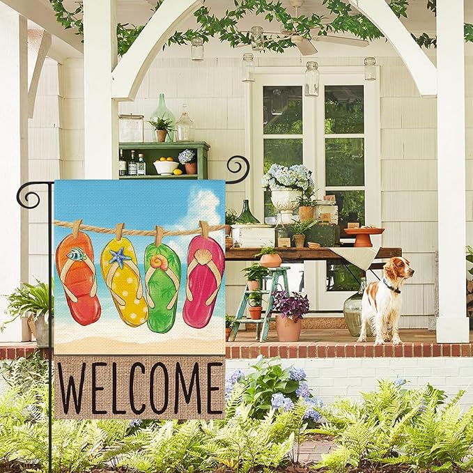 AVOIN colorlife Summer Beach Flip-flop Garden Flag 12x18 Inch Double Sided, Welcome Seasonal Holiday Burlap Yard Outdoor Decoration