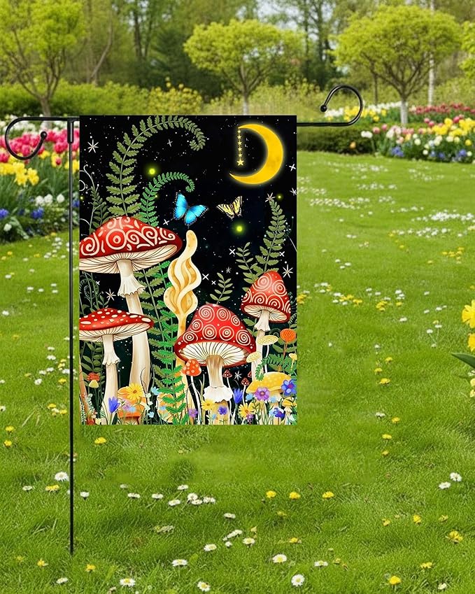 Fantasy Night Fairy Moon Star Mushroom Grass Butterfly Snail Garden Yard Flag 12"x 18" Double Sided Polyester Welcome House Flag Banners for Patio Lawn Outdoor Home Decor
