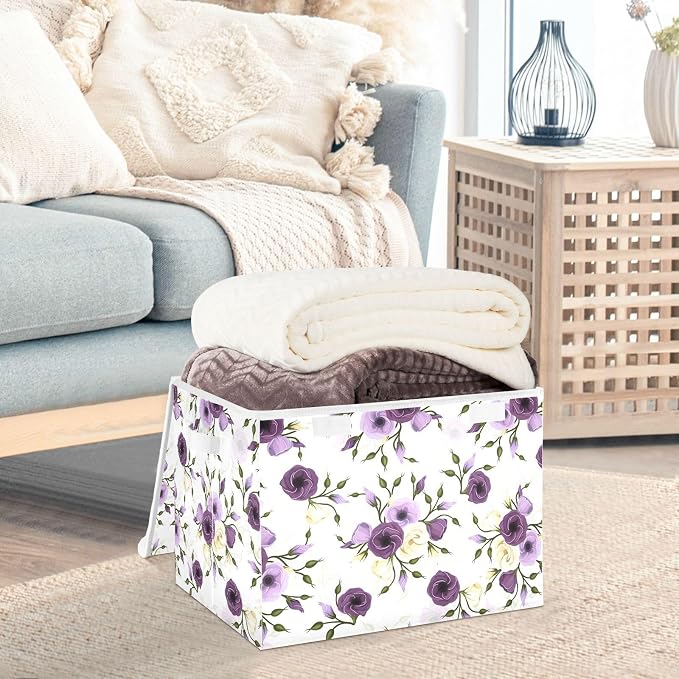 senya Flower Baskets Collapsible Storage Bins with Lids, Purple Green Rose Flower Storage Boxes Clothes Baskets for Organizing