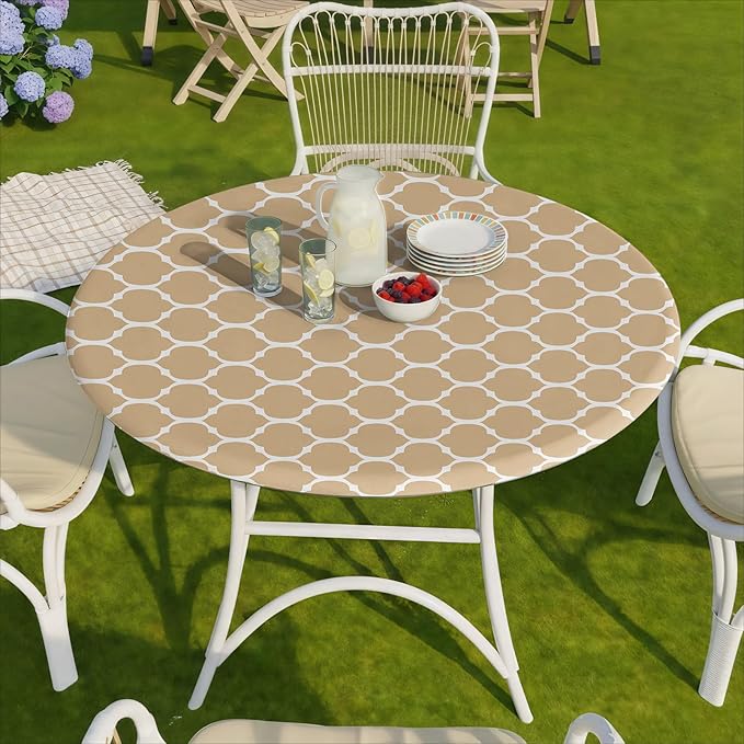 Fitted Round Tablecloth Weather Proof Table Cloth Heavy Duty Polyester Indoor Outdoor Circle Cover for 36-44" Tables Outside Parties Gear Gifts Spring Summer Fall Picnic Garden Necessities