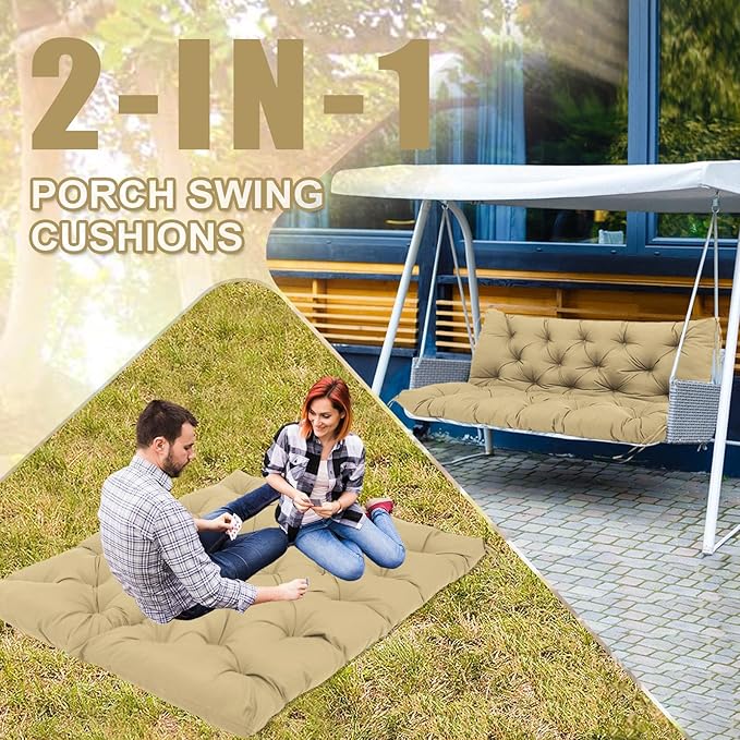 Premium 5" Thick Waterproof Outdoor Swing Cushions 3 Seater Sturdy Durable Porch Cushions 58 inch with Backrest&Ties Swing Cushions for Outdoor Furniture Backyard (Khaki, 58x40x5inches)