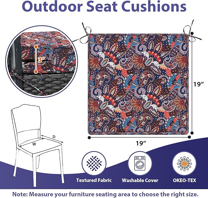IPYNBAP Outdoor Chair Cushions Set of 4,Waterproof Outdoor Seat Cushions for Patio Furniture,Patio Chair Cushion with Handle and Ties, Out Door Chair Pads,19" x 19" x 3", Artistic Floral