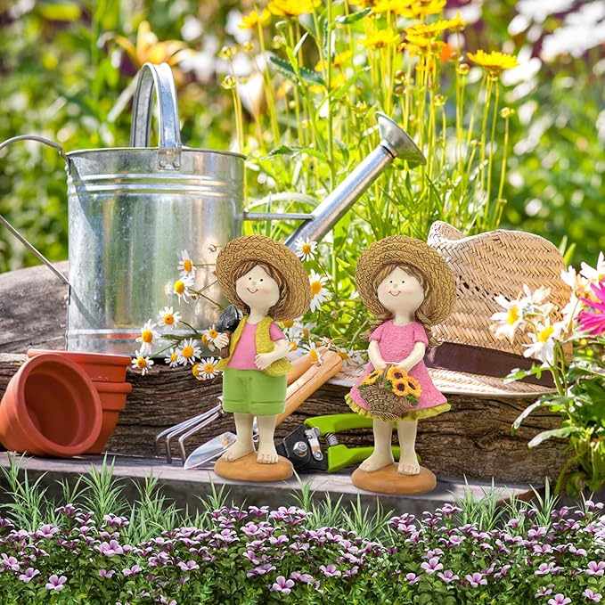 Spring Summer Garden Figurines Set of 2, Boy and Girl Outdoor Garden Statues with Sunflower Basket, Cottage Home Garden Decor for Yard Patio Lawn, for Women