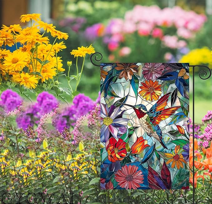Stained Glass Spring Hummingbird Garden Flag 12x18 Inch Double Sided for Outside, Colorful Small Large Burlap Yard Flag for Summer Farmhouse Holiday Outdoor Decorations