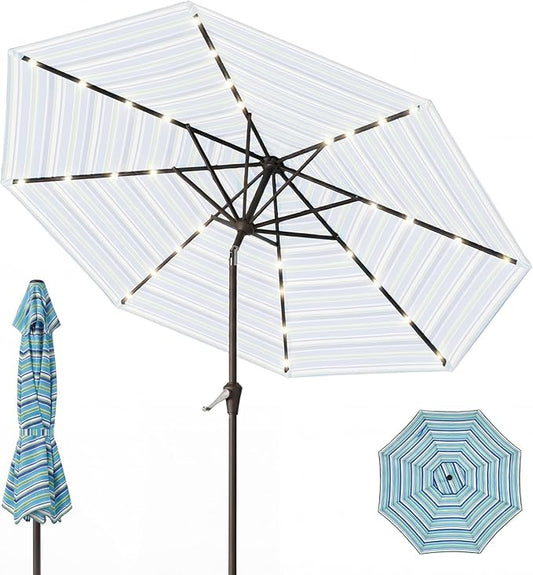 9FT Patio Umbrella with Solar Lights,Outdoor Market Umbrella with Tilt and Crank, LED Lighted Table Umbrella for Garden,Deck,Backyard,Pool,Beach