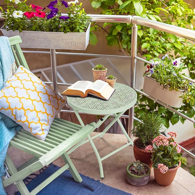 VINGLI Outdoor Folding Side Table with Chic Hollow Pattern and Durable, Rust-Resistant Coated Iron Patio Bistro Table Suitable for Indoor & Outdoor Porch, Deck, Balcony and Pool,Green