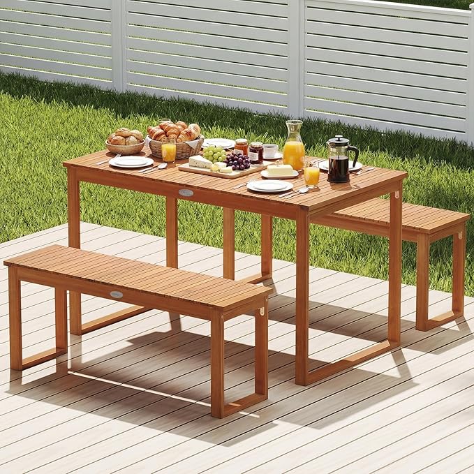 Tangkula Acacia Wood Outdoor Bench Backless Set of 2, 2-Person Wood Patio Bench with Slatted Seat, Outdoor Backless Dining Bench for Backyard, Poolside, Porch (43.5")