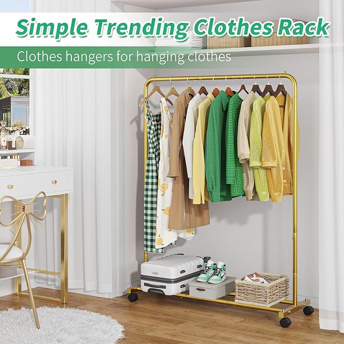 Simple Trending Standard Clothes Clothing Garment Rack with Storage Shelves, Rolling Clothes Organizer on Wheels for Hanging Clothes, Gold (Pack of 2)