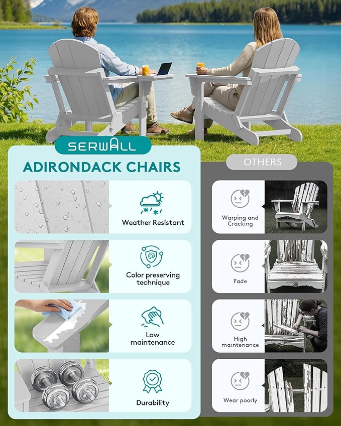 SERWALL Foldable Adirondack Chair Set of 2, HIPS Adirondack Chairs with 4 in 1 Cup Holder, Weather Resistant Fire Pit Chairs for Outdoor, Patio, Garden, Lawn, Backyard - Space Grey