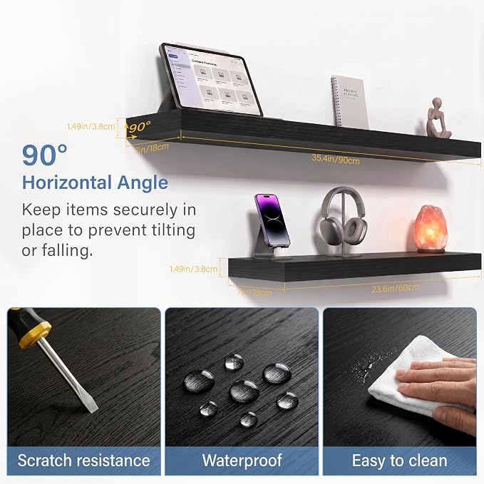 Black Modern Floating Wall Shelves, 36 Inch Bathroom Shelf Set of 2 | Long Shelf for Books, Wood Grain Finish, 33lbs Max Load, Hidden Brackets, Easy Install, Bedroom Living Room Decor Display
