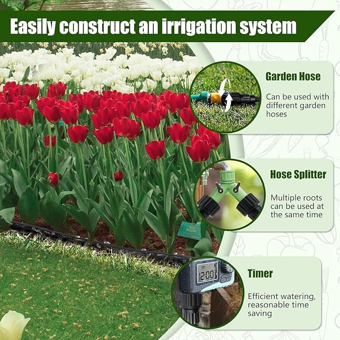Flat Soaker Hose 100FT, Garden Hose with Heavy Duty Double Layer Design, Drip Irrigation Hose Saves 80% Water, Leak Proof Sprinkler Hose for Garden, Lawn, Vegetable plot