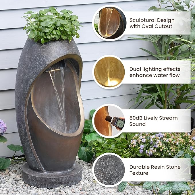 Tankana Waterfalll Water Fountain Outdoor Garden Patio Freestanding Fountains Water Feature with LED Lights, Planter Groove and Oval Cutout Design for Backyard Deck Porch Home Decor, Brown
