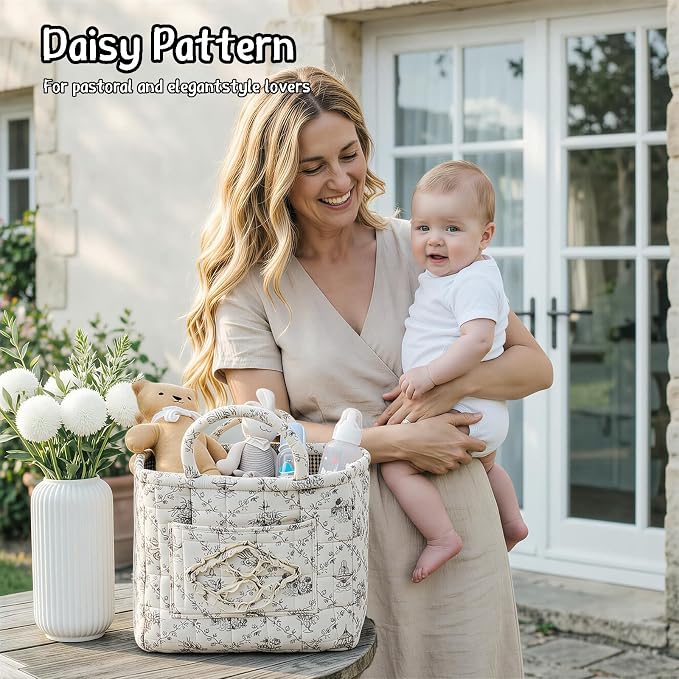 Quilted Fabric Car Storage Basket with Handles & Pocket, Foldable Laundry Hamper Boho Floral Print Organizer Bin for Home, Picnic, Office Nursery Cloth Toy 12"x10"x10" (Style D)