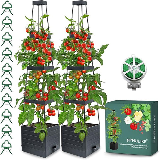MYMULIKE 2 Pack Raised Garden Bed Planter Box with Trellis, 58” Tomato Cage Planter Raised Garden Bed with Trellis for Climbing Vegetables Plants Tomato Cage w/Self-Watering, Indoor Outdoor Use