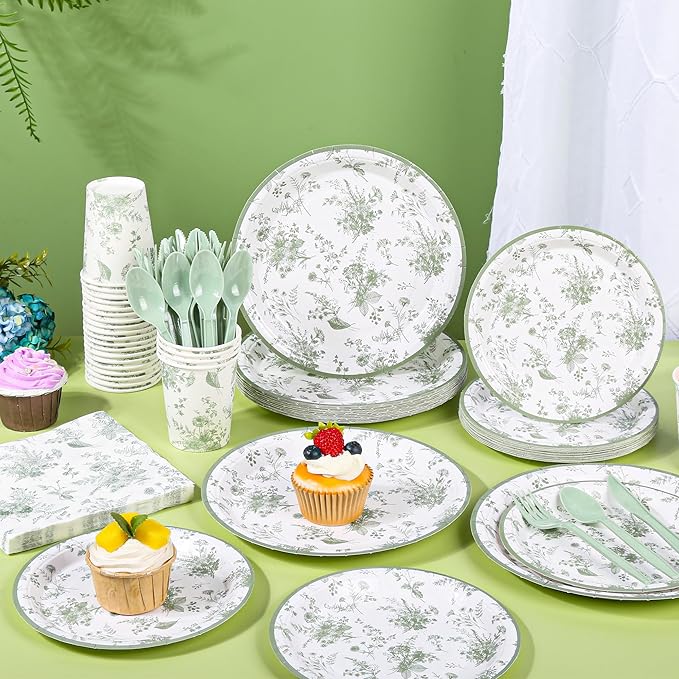 175Pcs Sage Green Floral Paper Plates and Napkins Sage White Flower Arrangements Toile Chinoiserie Party Supplies Set for Spring Summer Bridal Baby Shower Birthday Garden Tea Party