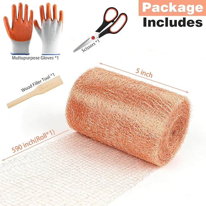 Copper Mesh Rodent Control, 5 in x 50 ft Wire Screen Roll for Mice Rat Rodent, Bat & Snail, Copper Mesh Roll for Weep Hole Filler, DIY Pest Blocking for Home and Garden
