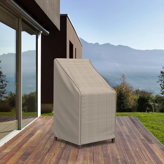 Budge English Garden Patio Stack Chairs & Barstool Cover, Waterproof & UV-Resistant Outdoor Furniture Cover, Fits Stacked Chairs up to 28" W x 27" D x 49" H, Tan Tweed