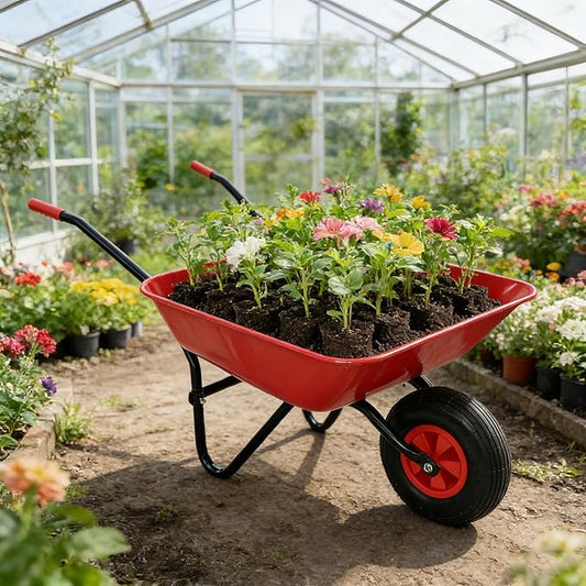 Steel Tray Wheelbarrow Heavy Duty Garden Cart with 12 Inch Pneumatic Wheel, 220lbs Capacity Lightweight Yard Cart Wheelbarrow for Landscaping, Residential Gardening, Red (Red)