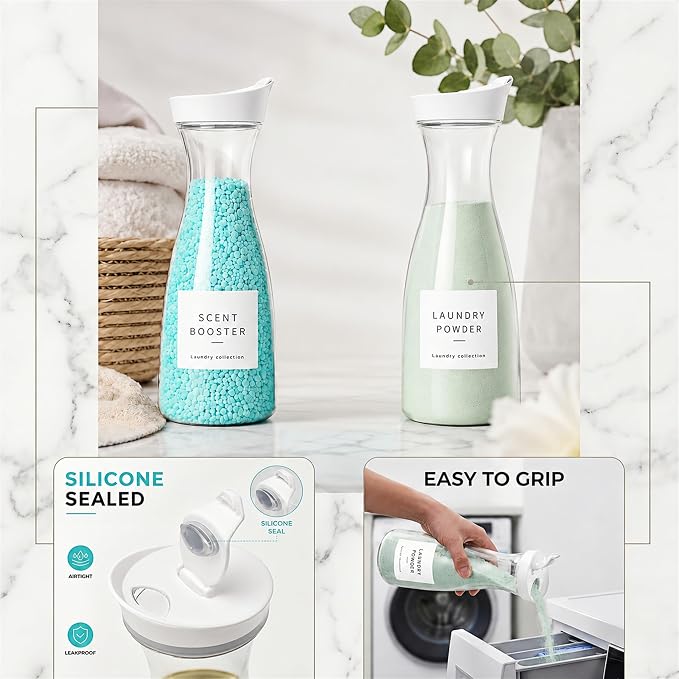 Laundry Room Organization Set, 4 Laundry Containers, 2 detergent dispenser | 2 liquid laundry detergent dispensers, 3 laundry pods containers, 1 dryer sheet holder, with wood lids, labels and scoops