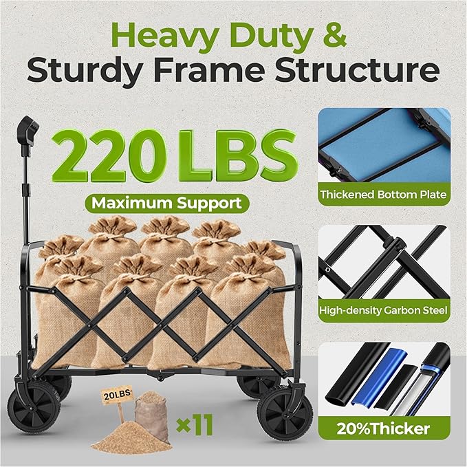 Collapsible Wagon Cart, Lightweight Portable Foldable Wagon with Wheels, 220lbs Utility Cart for Grocery, Light Camping, Sports, Easy to Fold & Store (Blue)
