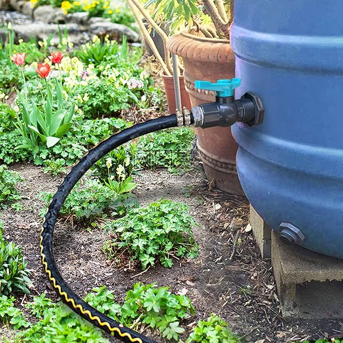 Rain Barrel Spigot PVC Faucet Kit with Bulkhead Fitting, Ball Valve, Garden Hose Barb Adapter, Pipe Clamps, Thread Seal Tape (for 25mm ID Hose)